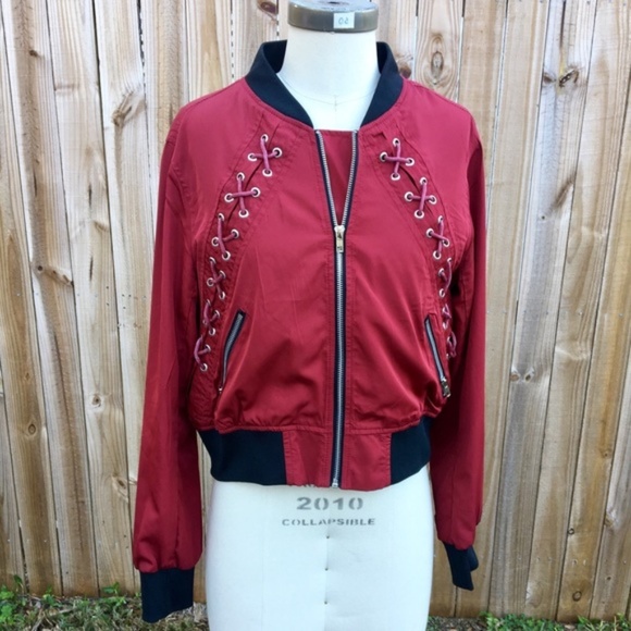 Casting LA Jackets & Blazers - Burgundy Lace- Up Bomber Jacket